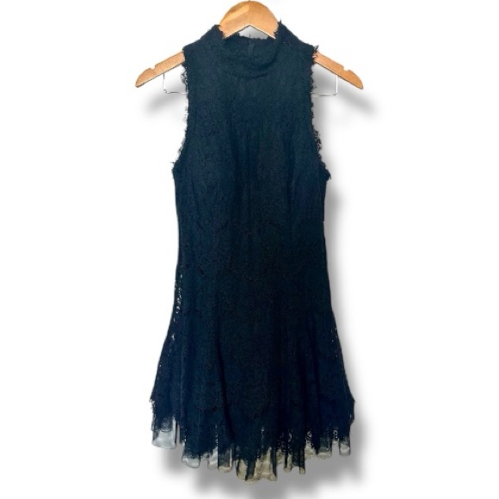 Betsy & Adam Black Lace Dress Sleeveless Mock Neck Fit & Flare Size 10